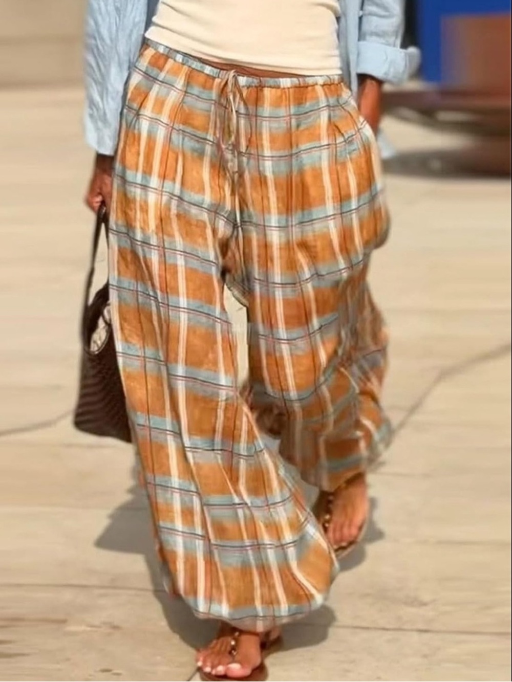 Plaid Orange & Turquoise High Waist Drawstring Baggy Balloon Pants